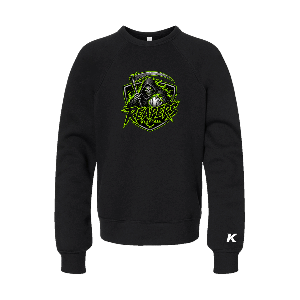 Baseball Coach Pitch–Minor Youth Sponge Fleece Crewneck Sweatshirt – Black – front mockup