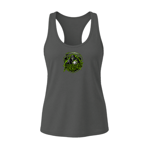 Baseball Coach Pitch–Minor Women's Jersey Racerback Tank – Dark Gray Heather – front mockup