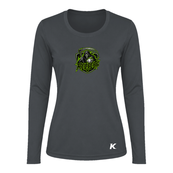 Baseball Coach Pitch–Minor Vision Women's Performance Long-Sleeve Tee – Charcoal – front mockup