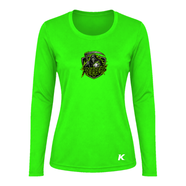 Baseball Coach Pitch–Minor Vision Women's Performance Long-Sleeve Tee – Neon Green – front mockup