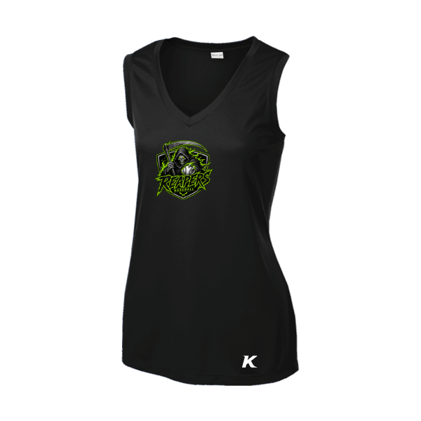 Baseball Coach Pitch–Minor Women's Sleeveless PosiCharge Competitor V-Neck Tee – Black – front mockup