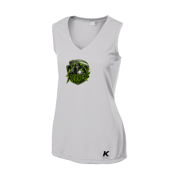 Baseball Coach Pitch–Minor Women's Sleeveless PosiCharge Competitor V-Neck Tee – Silver – front mockup