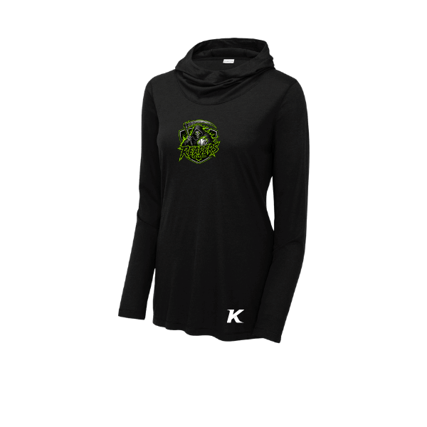 Baseball Coach Pitch–Minor Women's PosiCharge Tri-Blend Wicking Long-Sleeve Hoodie – Black – front mockup