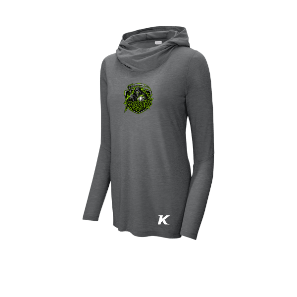 Baseball Coach Pitch–Minor Women's PosiCharge Tri-Blend Wicking Long-Sleeve Hoodie – Dark Gray Heather – front mockup