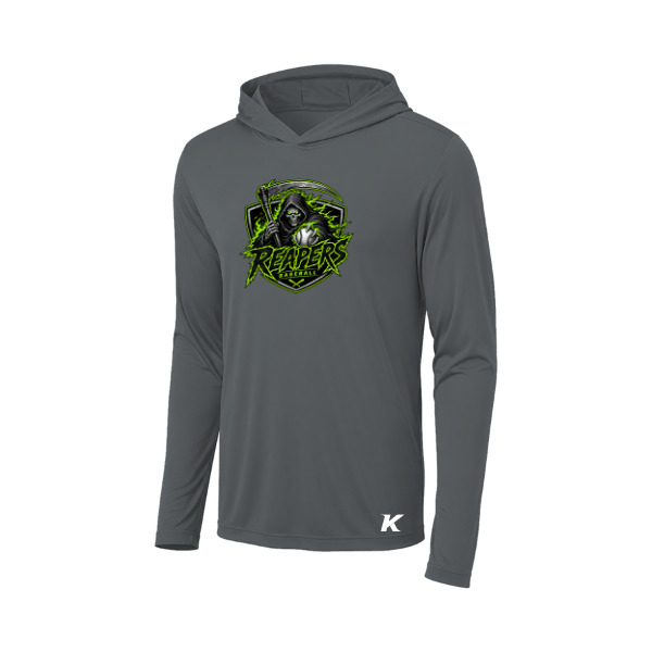 Baseball Coach Pitch–Minor Posi-UV Pro Long-Sleeve Hoodie – Dark Smoke Gray – front mockup