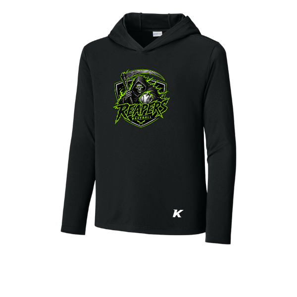 Baseball Coach Pitch–Minor Youth Posi-UV Pro Long-Sleeve Hoodie – Black – front mockup