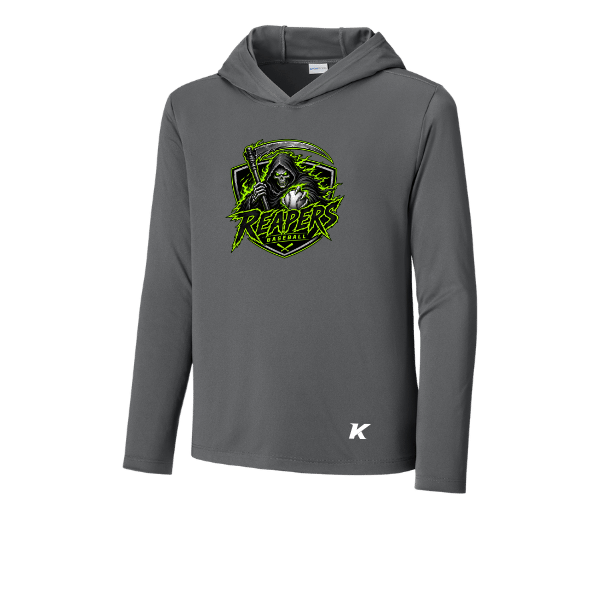 Baseball Coach Pitch–Minor Youth Posi-UV Pro Long-Sleeve Hoodie – Dark Smoke Gray – front mockup