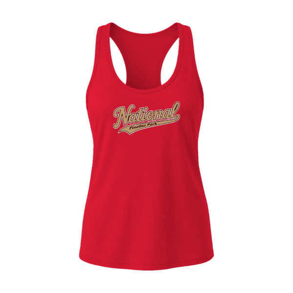 Baseball Majors–Andrix Women's Jersey Racerback Tank – National Script – Red – front mockup