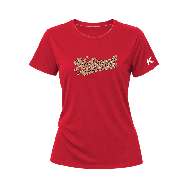 Baseball Majors–Andrix Women's Relaxed Jersey Tee – National Script – Red – front mockup