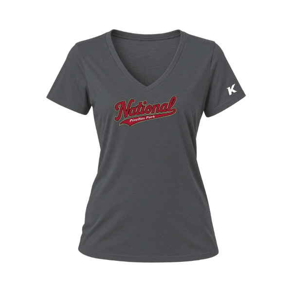 Baseball Majors–Andrix Women's Relaxed Jersey V-Neck Tee – National Script – Asphalt – front mockup