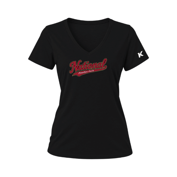 Baseball Majors–Andrix Women's Relaxed Jersey V-Neck Tee – National Script – Black – front mockup