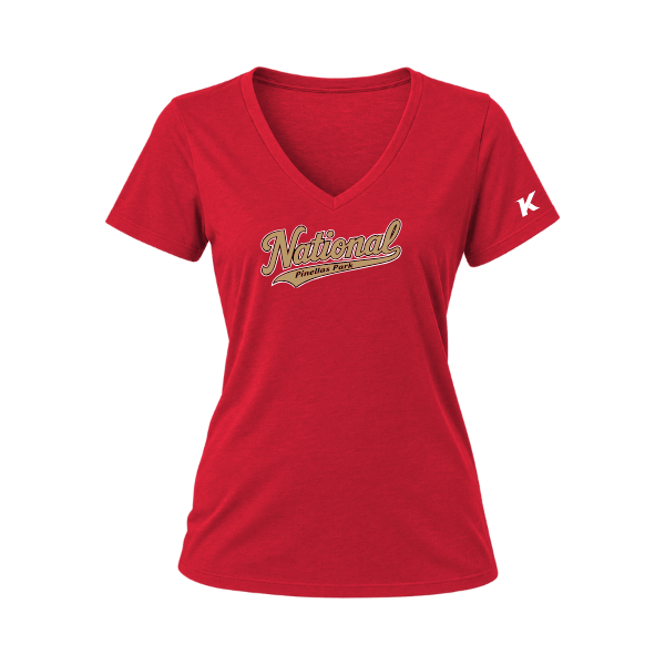 Baseball Majors–Andrix Women's Relaxed Jersey V-Neck Tee – National Script – Red – front mockup