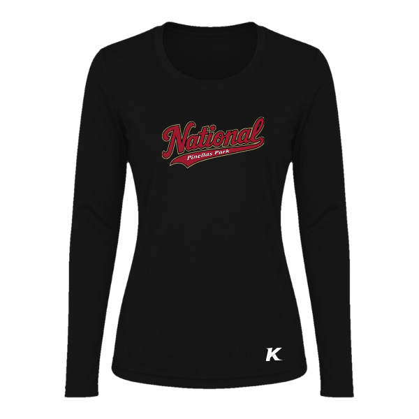 Baseball Majors–Andrix Vision Women's Performance Long-Sleeve Tee – National Script – Black – front mockup