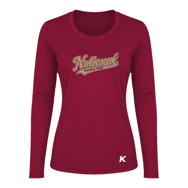 Baseball Majors–Andrix Vision Women's Performance Long-Sleeve Tee – National Script – Cardinal – front mockup