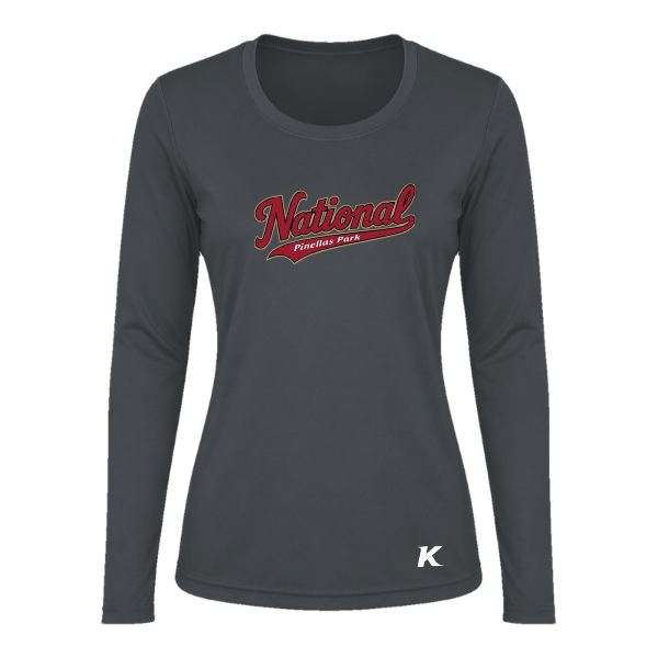 Baseball Majors–Andrix Vision Women's Performance Long-Sleeve Tee – National Script – Charcoal – front mockup