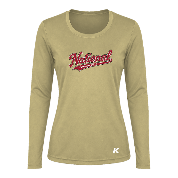 Baseball Majors–Andrix Vision Women's Performance Long-Sleeve Tee – National Script – Vegas Gold – front mockup