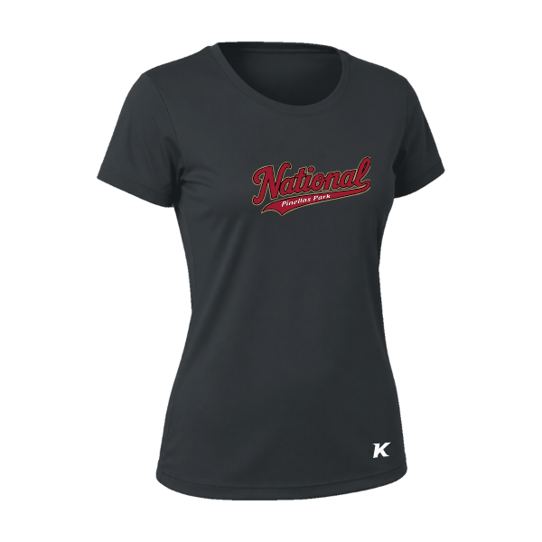 Baseball Majors–Andrix Vision Women's Performance Short-Sleeve Tee – National Script – Black – front mockup