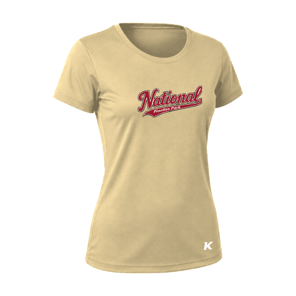 Baseball Majors–Andrix Vision Women's Performance Short-Sleeve Tee – National Script – Vegas Gold – front mockup