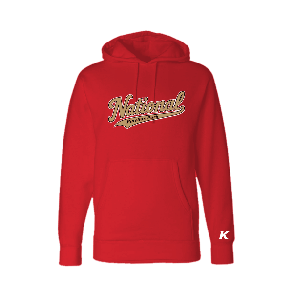 Baseball Majors–Andrix Unisex Heavyweight Hooded Sweatshirt – National Script – Red – front mockup