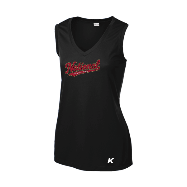 Baseball Majors–Andrix Women's Sleeveless PosiCharge Competitor V-Neck Tee – National Script – Black – front mockup