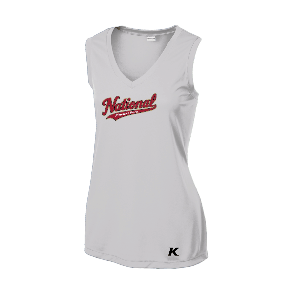 Baseball Majors–Andrix Women's Sleeveless PosiCharge Competitor V-Neck Tee – National Script – Silver – front mockup