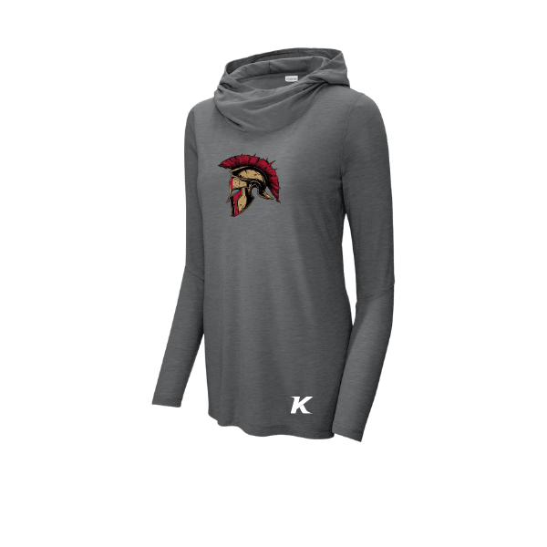 Baseball Majors–Andrix Women's PosiCharge Tri-Blend Wicking Long-Sleeve Hoodie – Spartan Helmet – Dark Gray Heather – front mockup