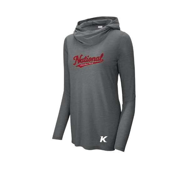 Baseball Majors–Andrix Women's PosiCharge Tri-Blend Wicking Long-Sleeve Hoodie – National Script – Dark Gray Heather – front mockup