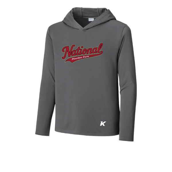 Baseball Majors–Andrix Youth Posi-UV Pro Long-Sleeve Hoodie – National Script – Dark Smoke Gray – front mockup