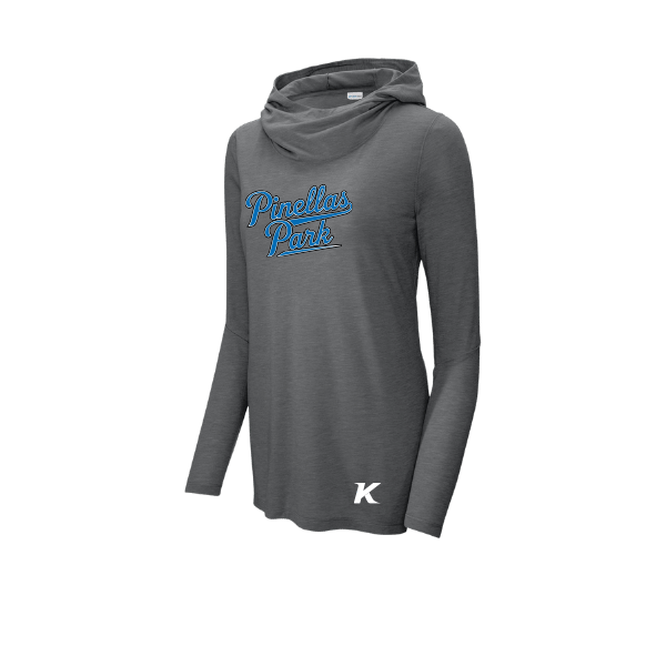 Baseball Majors–Taulbee Women's PosiCharge Tri-Blend Wicking Long-Sleeve Hoodie – Dark Gray Heather – front mockup