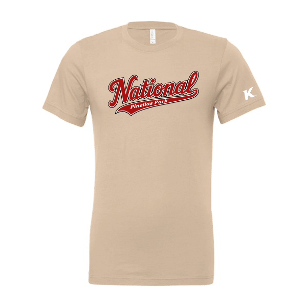 Baseball Seniors–Andrix Unisex Jersey Short-Sleeve Tee – National Script – Tan – front mockup
