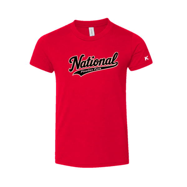 Baseball Seniors–Andrix Youth Jersey Short-Sleeve Tee – National Script – Red – front mockup