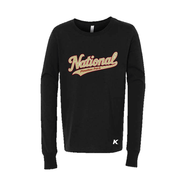 Baseball Seniors–Andrix Youth Jersey Long-Sleeve Tee – National Script – Black – front mockup