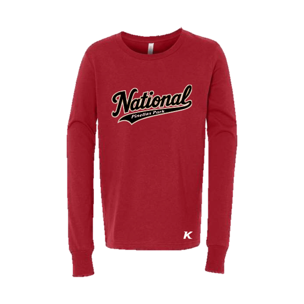 Baseball Seniors–Andrix Youth Jersey Long-Sleeve Tee – National Script – Red – front mockup