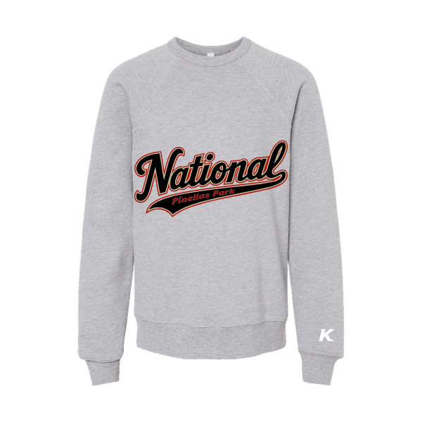 Baseball Seniors–Andrix Youth Sponge Fleece Crewneck Sweatshirt – National Script – Athletic Heather – front mockup