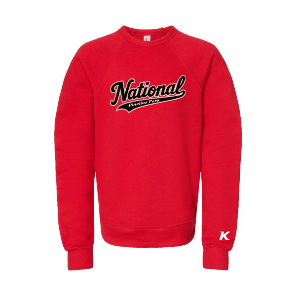 Baseball Seniors–Andrix Youth Sponge Fleece Crewneck Sweatshirt – National Script – Red – front mockup