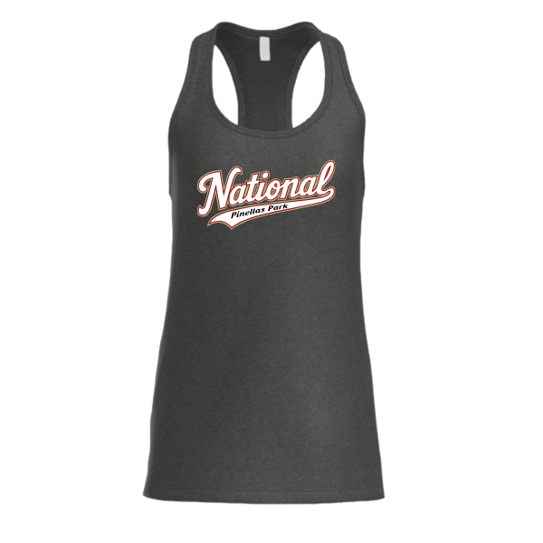 Baseball Seniors–Andrix Women's Jersey Racerback Tank – National Script – Dark Gray Heather – front mockup