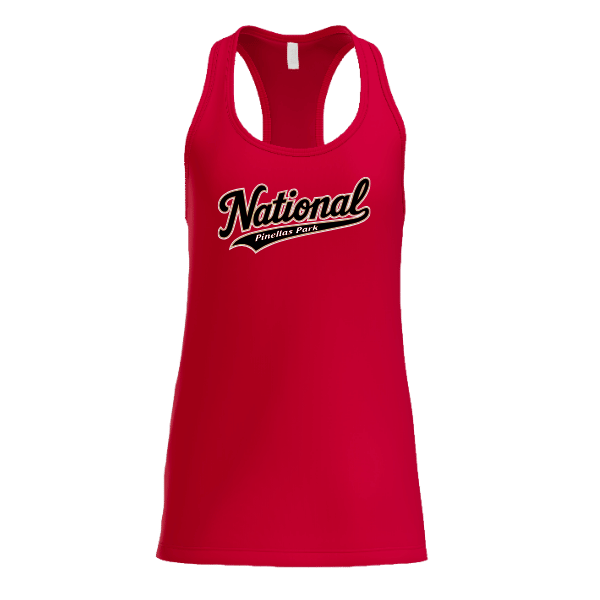 Baseball Seniors–Andrix Women's Jersey Racerback Tank – National Script – Red – front mockup