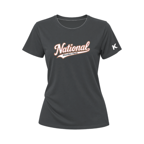 Baseball Seniors–Andrix Women's Relaxed Jersey Tee – National Script – Dark Gray – front mockup