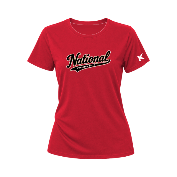 Baseball Seniors–Andrix Women's Relaxed Jersey Tee – National Script – Red – front mockup