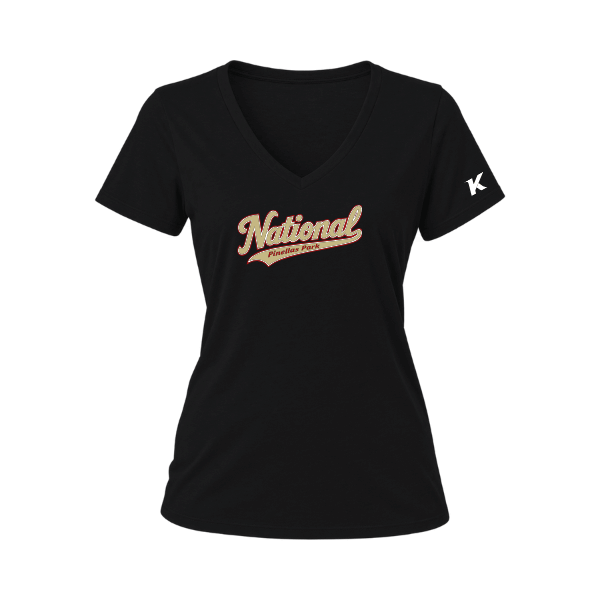 Baseball Seniors–Andrix Women's Relaxed Jersey V-Neck Tee – National Script – Black – front mockup