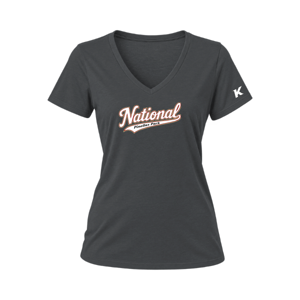 Baseball Seniors–Andrix Women's Relaxed Jersey V-Neck Tee – National Script – Dark Gray – front mockup