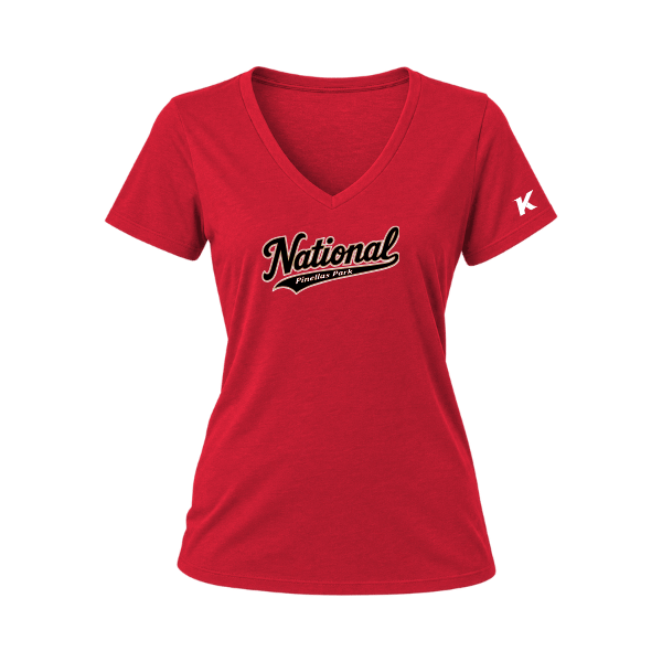 Baseball Seniors–Andrix Women's Relaxed Jersey V-Neck Tee – National Script – Red – front mockup