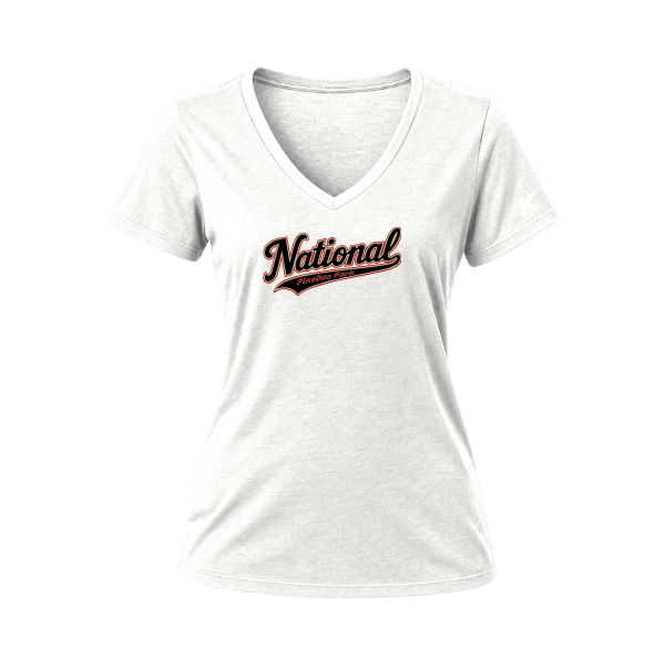 Baseball Seniors–Andrix Women's Relaxed Jersey V-Neck Tee – National Script – White – front mockup