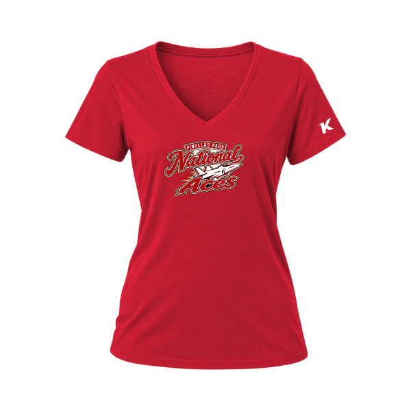 Baseball Seniors–Andrix Women's Relaxed Jersey V-Neck Tee – National Aces – Red – front mockup