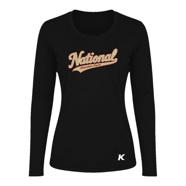 Baseball Seniors–Andrix Vision Women's Performance Long-Sleeve Tee – National Script – Black – front mockup