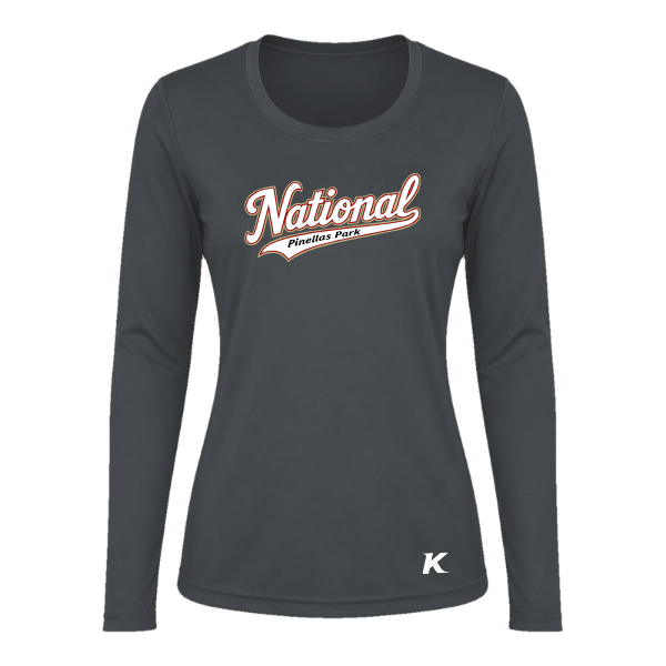 Baseball Seniors–Andrix Vision Women's Performance Long-Sleeve Tee – National Script – Charcoal – front mockup