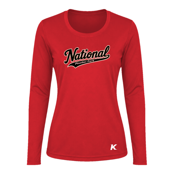 Baseball Seniors–Andrix Vision Women's Performance Long-Sleeve Tee – National Script – Scarlet – front mockup