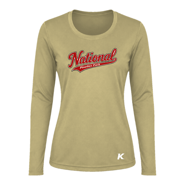 Baseball Seniors–Andrix Vision Women's Performance Long-Sleeve Tee – National Script – Vegas Gold – front mockup