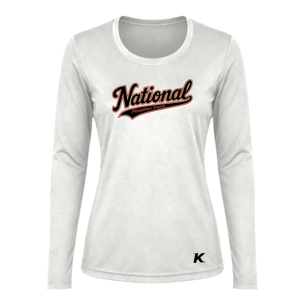 Baseball Seniors–Andrix Vision Women's Performance Long-Sleeve Tee – National Script – White – front mockup