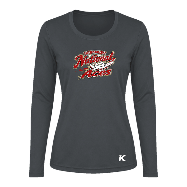Baseball Seniors–Andrix Vision Women's Performance Long-Sleeve Tee – National Aces – Charcoal – front mockup